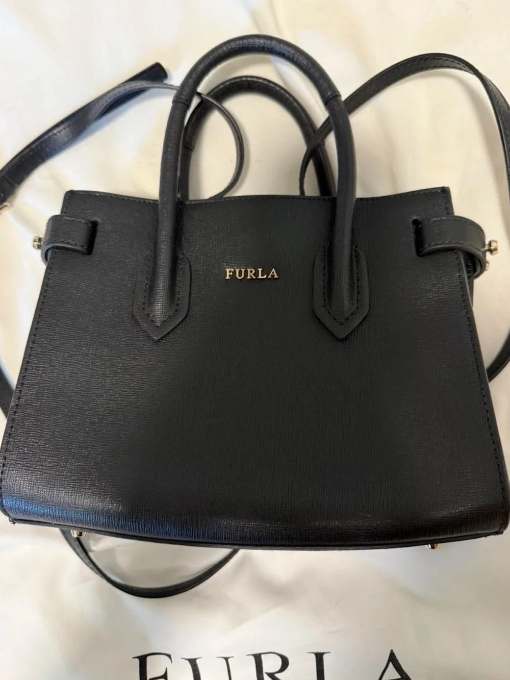 Furla Pin Small Black Saffiano Leather Tote Crossbody Bag + Heart Charm NWOT